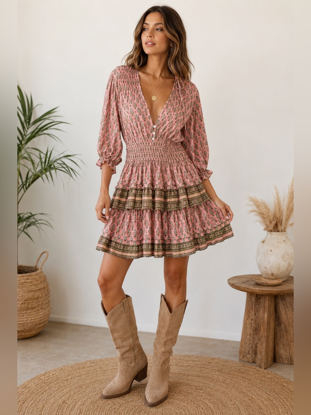Jen’s Pirate Booty Pink Block Print Boho Mini Dress Smocked Waist Balloon Sleeve